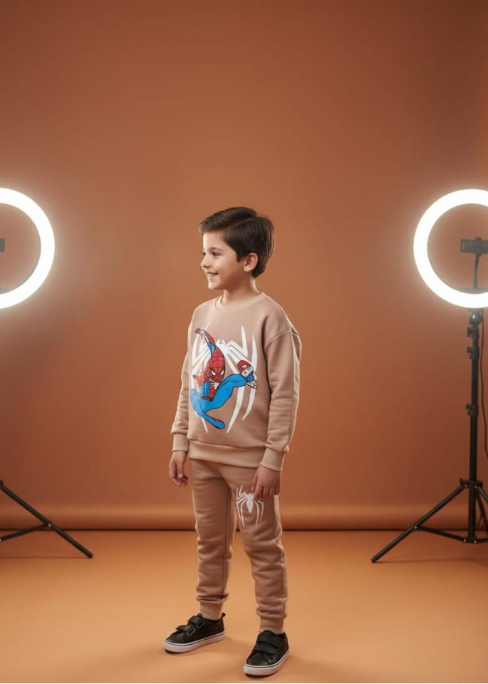 Child wearing a beige outfit with a superhero design in a studio setting with ring lights.