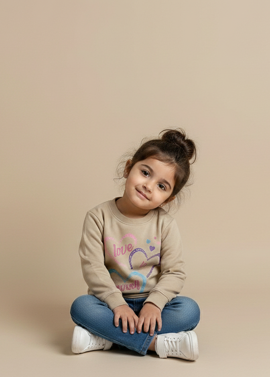 Young girl sitting on the floor against a beige background