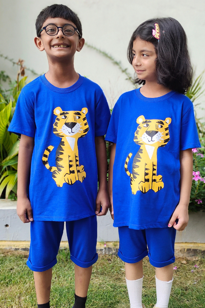 Tiger Print Unisex Tee Blue Colour Printed T Shirts Kids 100% Cotton Tees OR Shorts