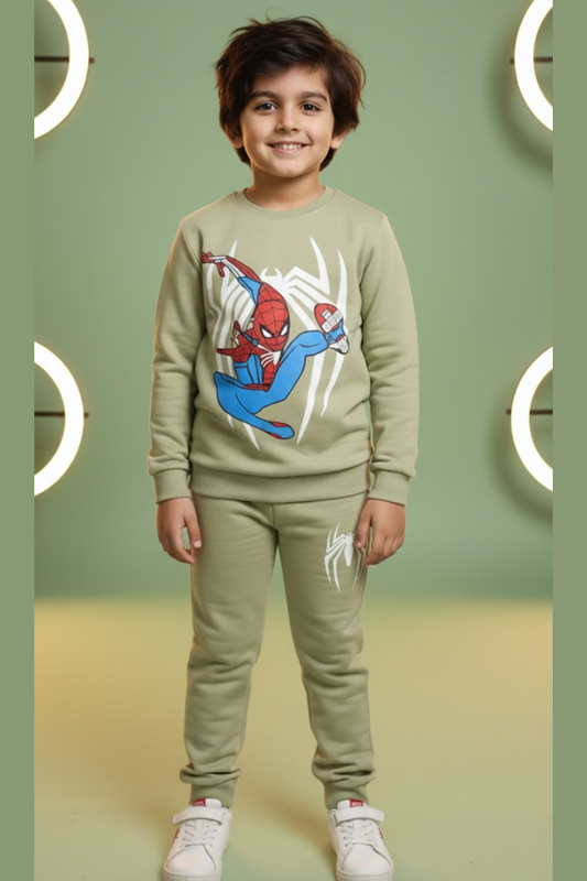 Spiderman Light Green Fleece Sweatshirt with Trouser Set Winter Wear for Kids Super Soft & Warm Boys & Girls