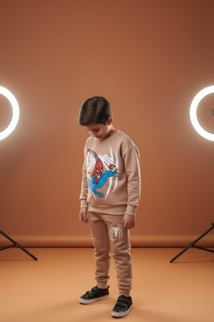 Spiderman Light Brown Fleece Sweatshirt with Trouser Set Winter Wear for Kids Super Soft & Warm Boys & Girls