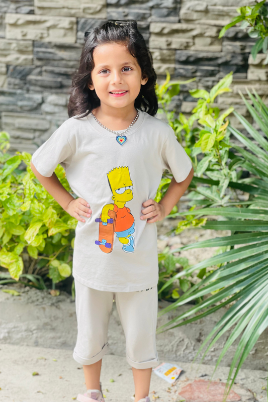 Bart Simpson with Skateboard Print Tee Cream Colour Printed T Shirts Kids 100% Cotton Tees