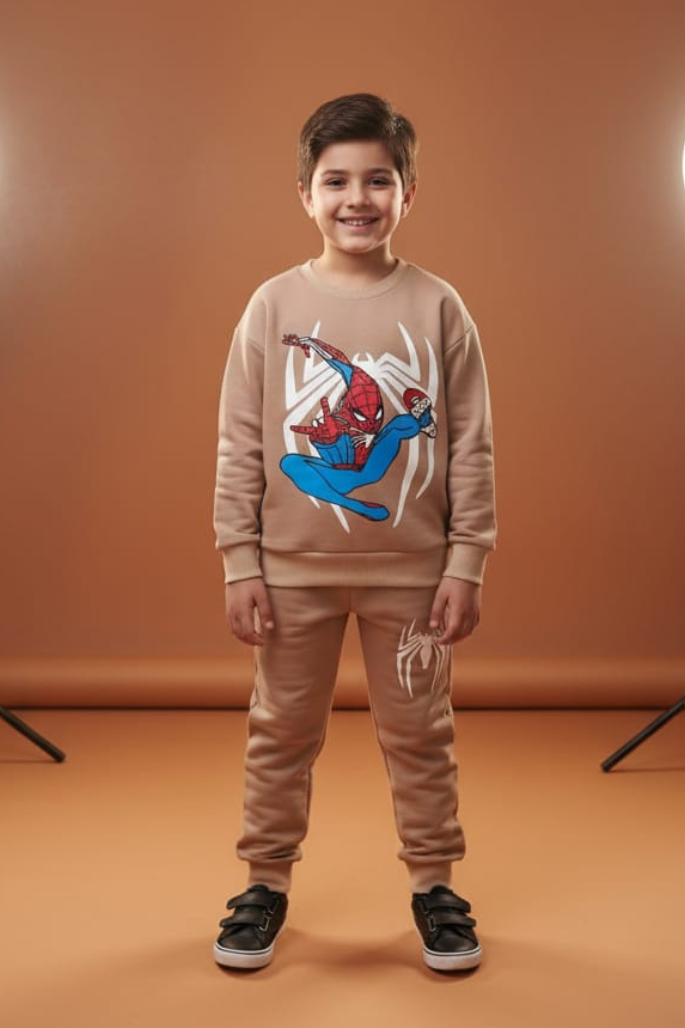 Spiderman Light Brown Fleece Sweatshirt with Trouser Set Winter Wear for Kids Super Soft & Warm Boys & Girls