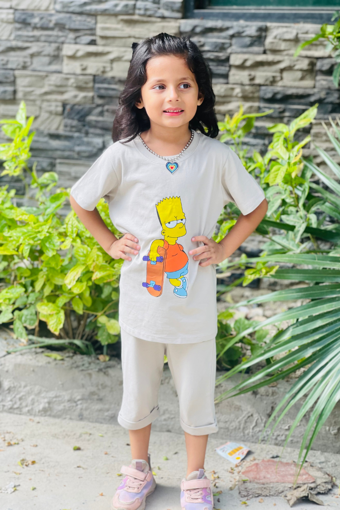 Bart Simpson with Skateboard Print Tee Cream Colour Printed T Shirts Kids 100% Cotton Tees