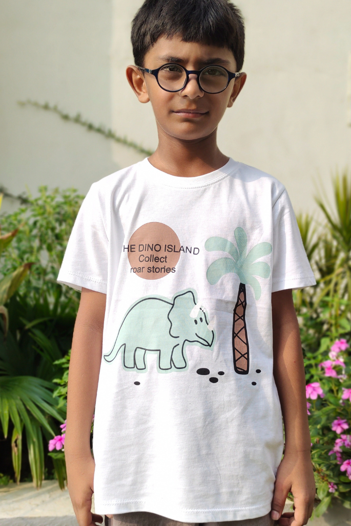 The Dino Island Print Unisex White Colour Printed T Shirts Kids 100% Cotton Tees