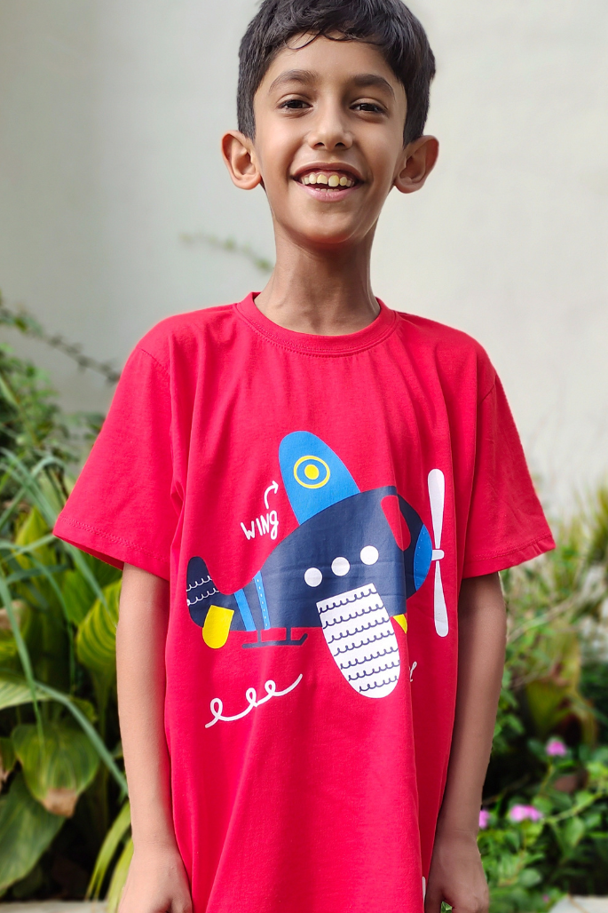 Airplane Wing and Wheel Print Tee Red Colour Printed T Shirts Kids 100% Cotton Tees