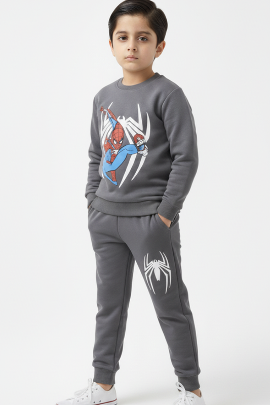 Spiderman Grey Fleece Sweatshirt with Trouser Set Winter Wear for Kids Super Soft & Warm Boys & Girls