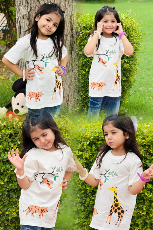 Zoo Animals Print Tee White Colour Printed T Shirts Kids 100% Cotton Tees