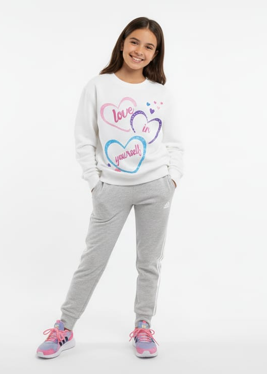 Girl wearing a white sweatshirt with colorful heart design and gray pants on a white background